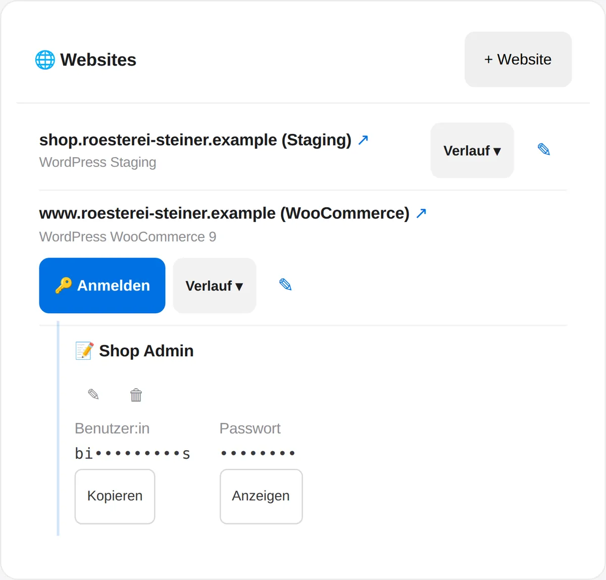 Websites einer Kundin mit verschlüsselt gespeicherten Zugängen und Anmelden-Knopf