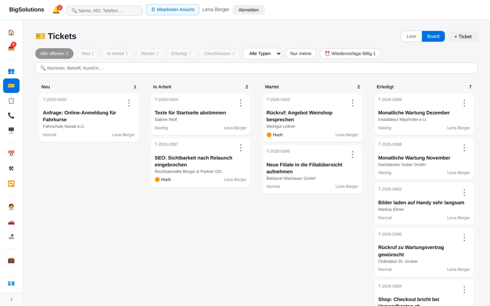 BigCRM Tickets einer Agentur als Board: Neu, In Arbeit, Wartet, Erledigt